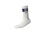 Chaussette blanche avec un motif de drapeau tricolore et un logo noir.