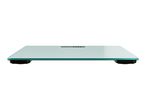 A digital bathroom scale with a clear glass platform and a black base.