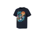 T-shirt infantil azul marinho com estampa de personagens de desenho animado e texto 'STOMP AROUND'.