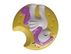 A yellow crescent moon-shaped trinket box features a sleeping unicorn with purple mane and tail.