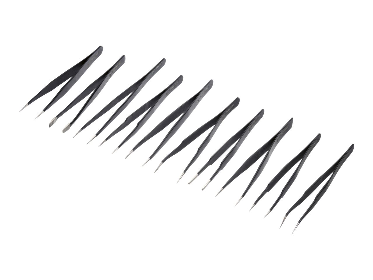 A set of black precision tweezers with various tip styles, arranged diagonally.