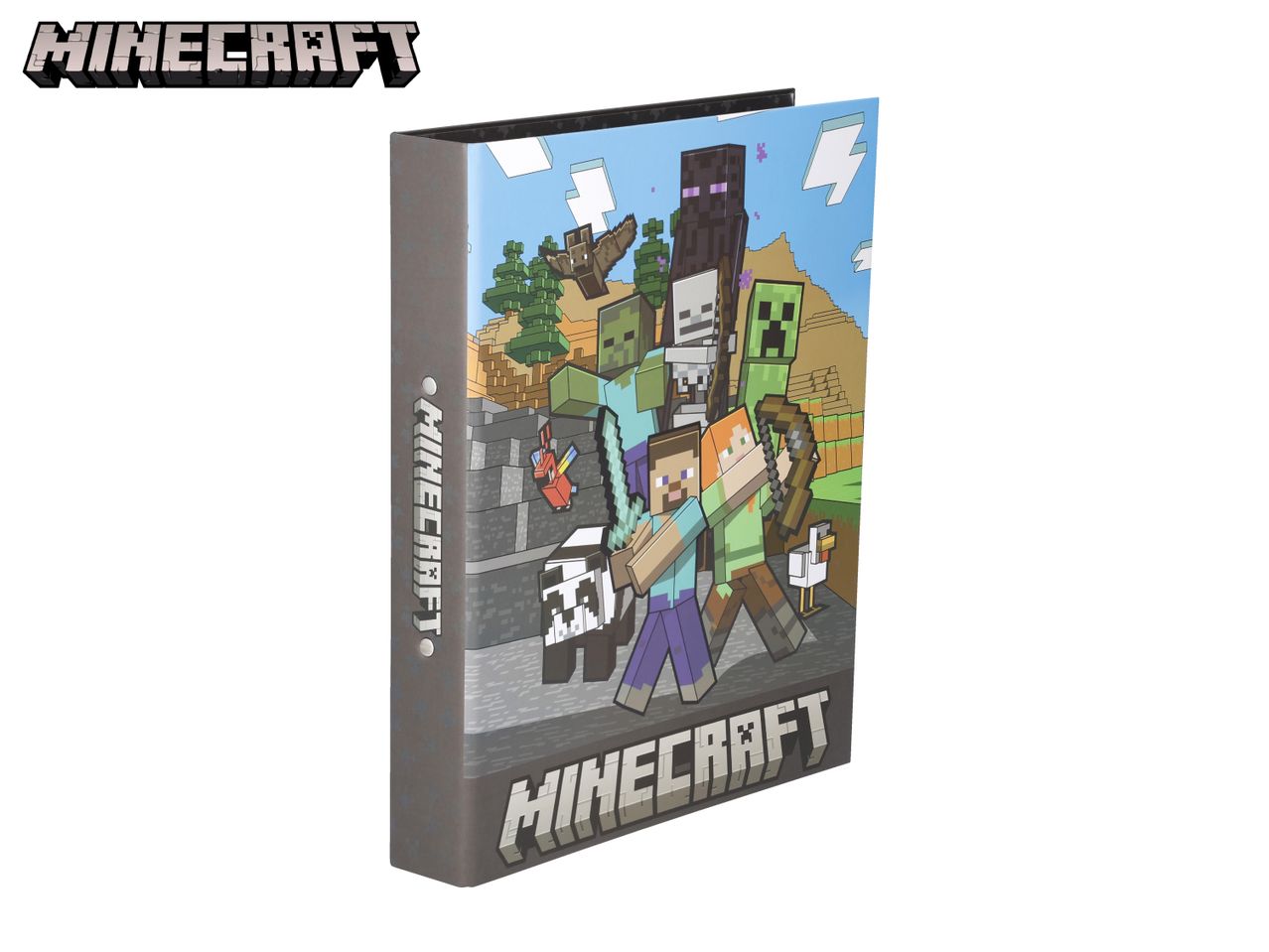 Minecraft-themed ring binder featuring characters like Steve, Alex, Creeper, and Enderman.