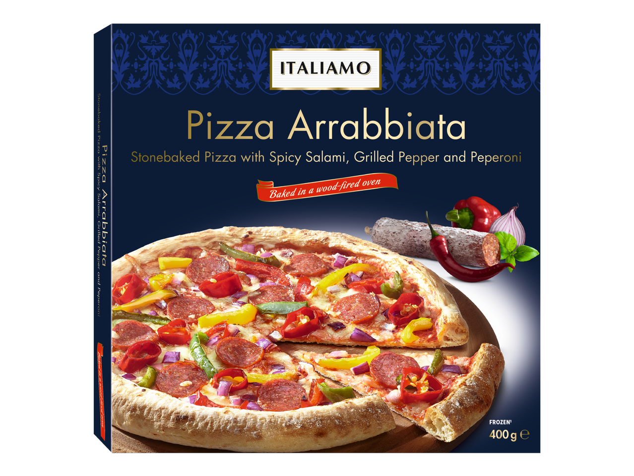 Italiano Pizza Arrabiata: stenen oven pizza met pittige salami, gegrilde paprika en pepperoni.