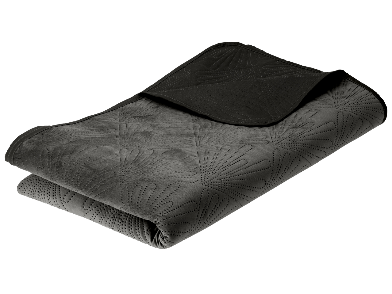 Сиво капитонирано одеяло с шарка на ветрило, сгънато на две.