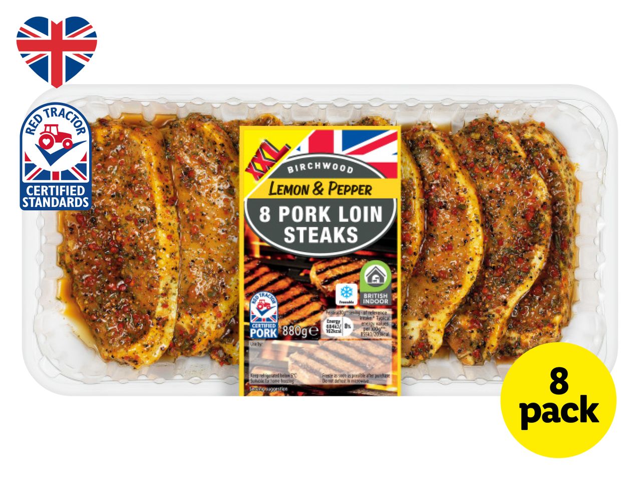 Birchwood Lemon & Pepper 8 Pork Loin Steaks, 880g, with Red Tractor certification.