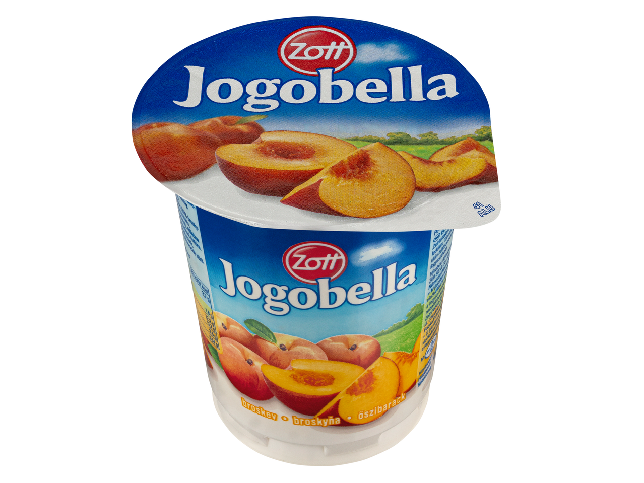 Zott Jogobella barackos joghurt pohár barackokkal a címkén.