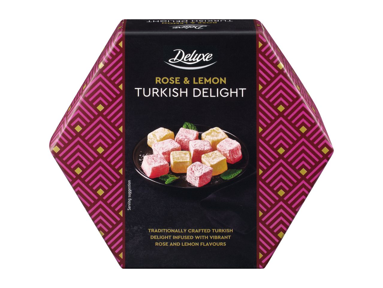 Hexagonal box of rose and lemon Turkish delight with a geometric pattern on the sides.