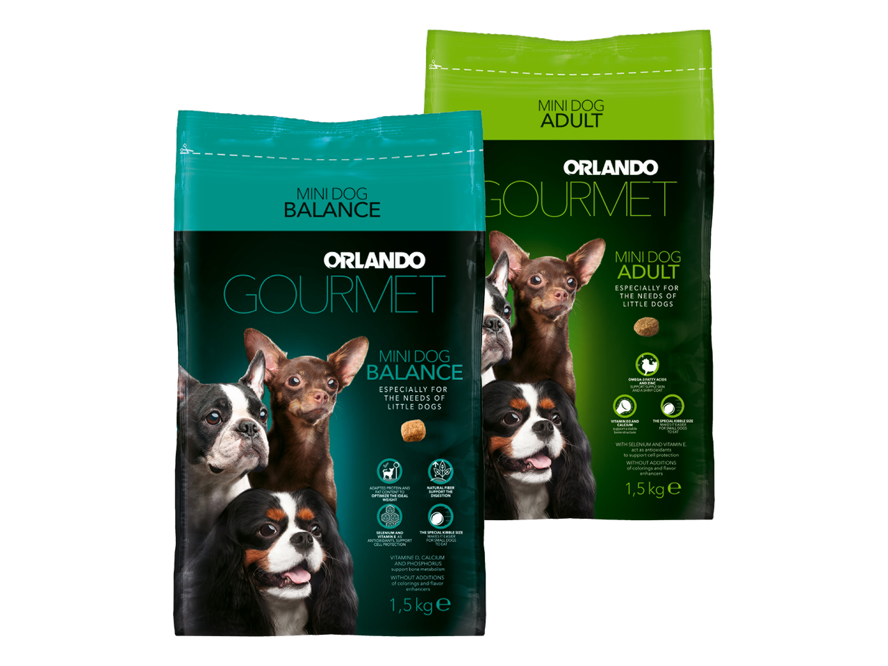 Dvije vreće suhe hrane za male pse, jedna za ravnotežu, druga za odrasle, s prikazanim psima i informacijama o sastojcima.