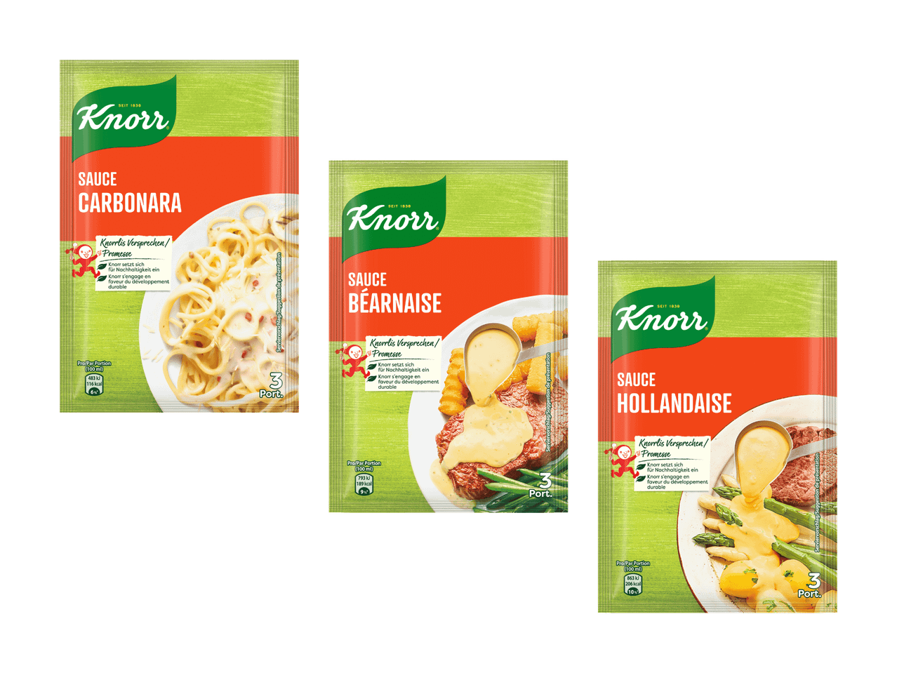 Drei Knorr Saucenpäckchen: Carbonara, Béarnaise und Hollandaise.