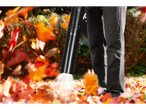 Person using a black leaf blower to clear autumn leaves.