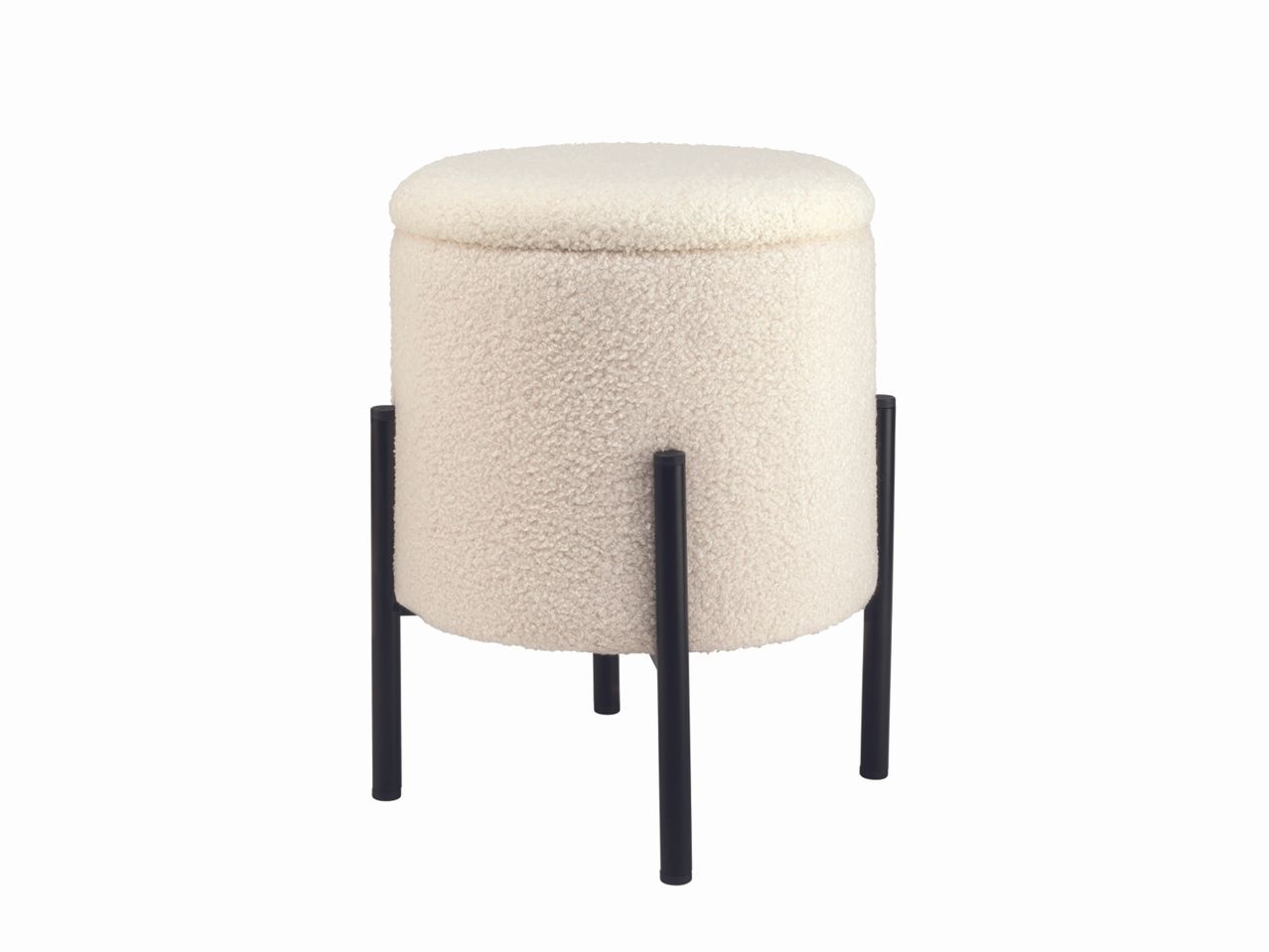 Pouf de rangement rond en tissu bouclé blanc cassé avec pieds en métal noir.