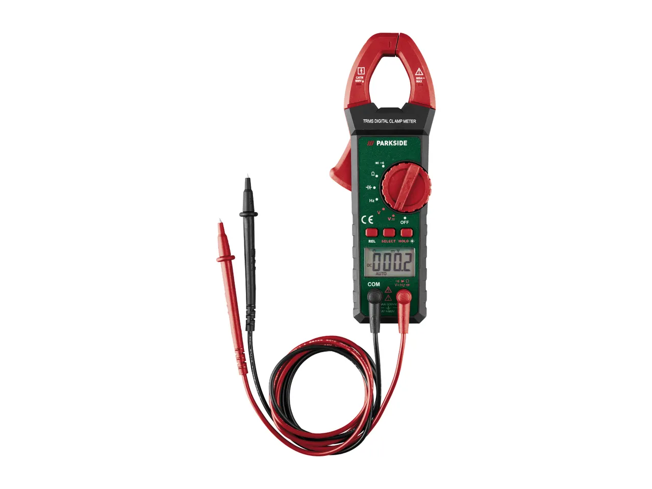 A Parkside TRMS digital clamp meter with red and black test leads.