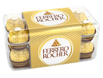 Boîte transparente de chocolats Ferrero Rocher, avec une étiquette dorée.