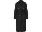 Zwarte lange trenchcoat met dubbele knopen en strikceintuur.