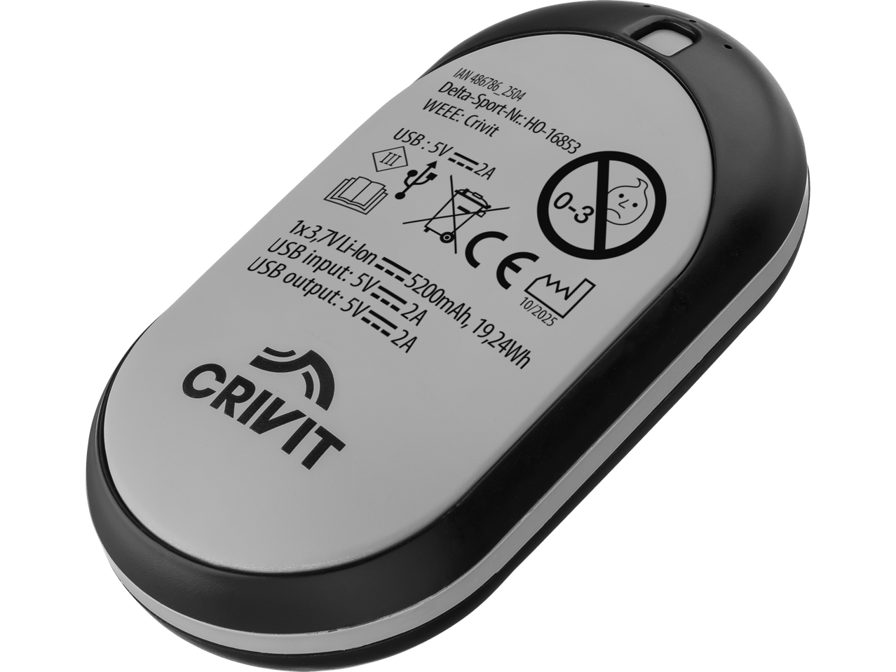 CRIVIT Rechargeable Hand Warmer with product details and specifications.
