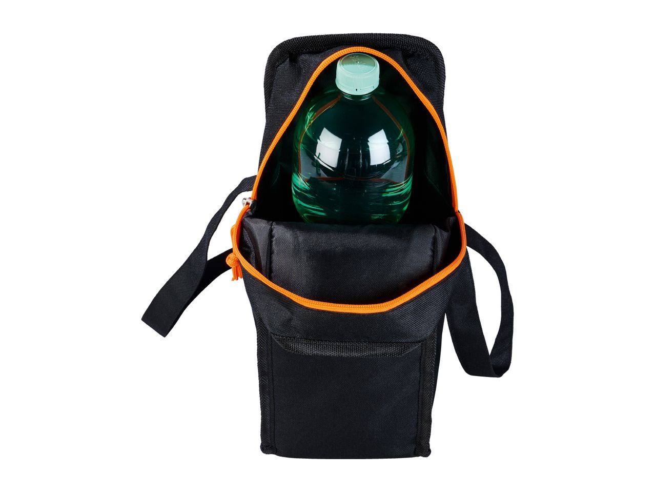 A black bag with orange accents holds a green plastic bottle.