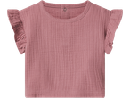 Pink baby top with ruffled sleeves and a button closure at the back of the neck.