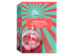 Limonadedoos met watermeloen- en druivensmaak, met een glas verfrissende drank.