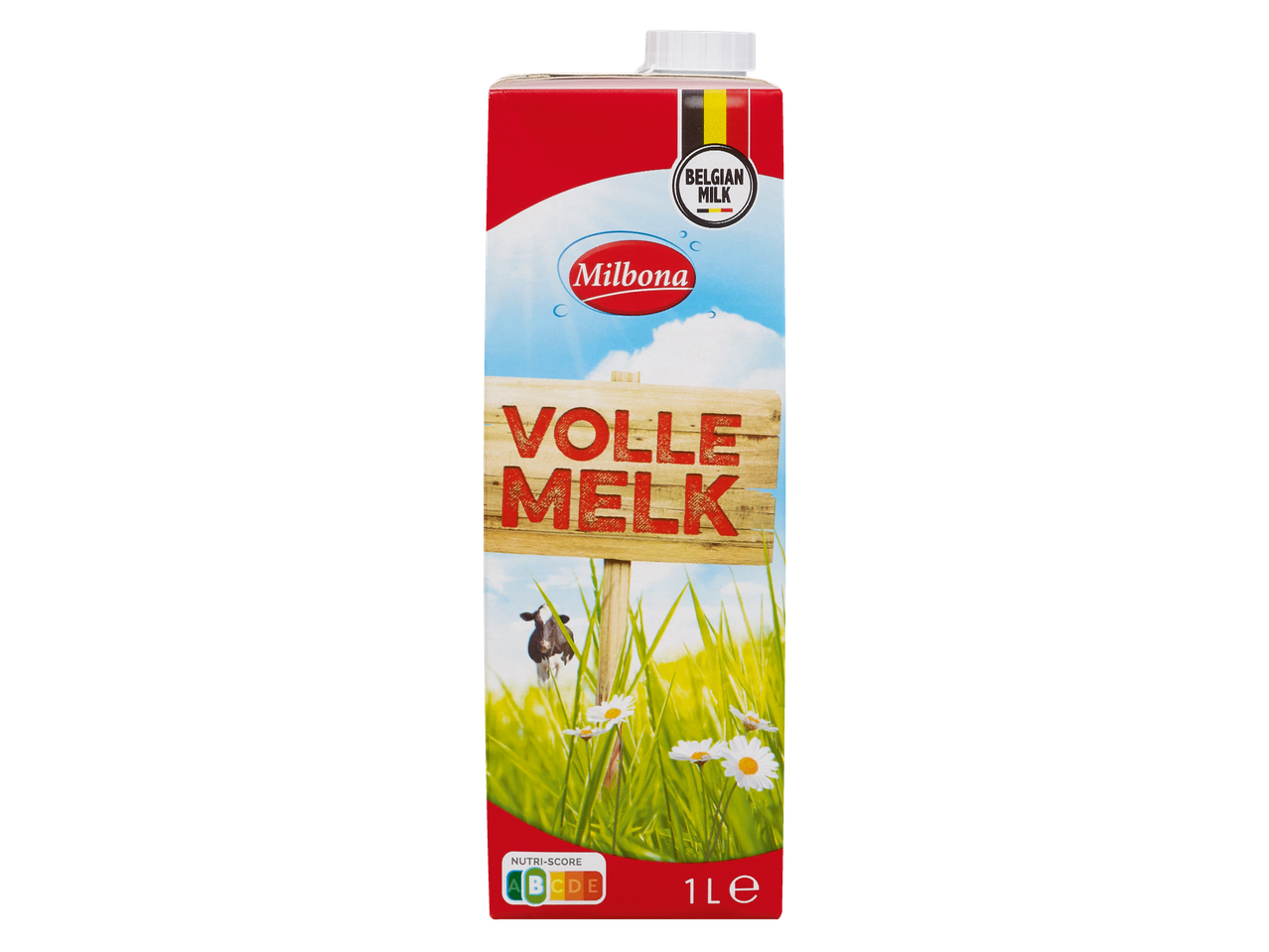 Carton de lait entier Milbona avec scène pastorale et Nutri-Score.