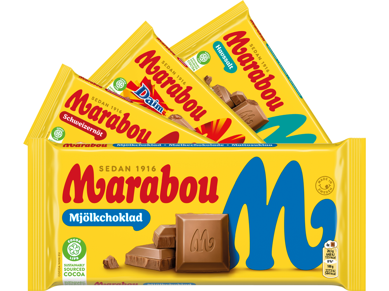 Tre Marabou chokladkakor: mjölkchoklad, Daim och havsalt.