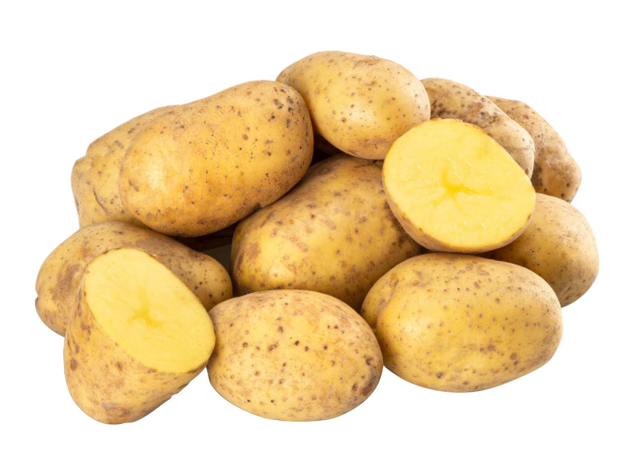 Vairāki dzelteni kartupeļi, daži pārgriezti uz pusēm, atklājot gaiši dzeltenu mīkstumu.