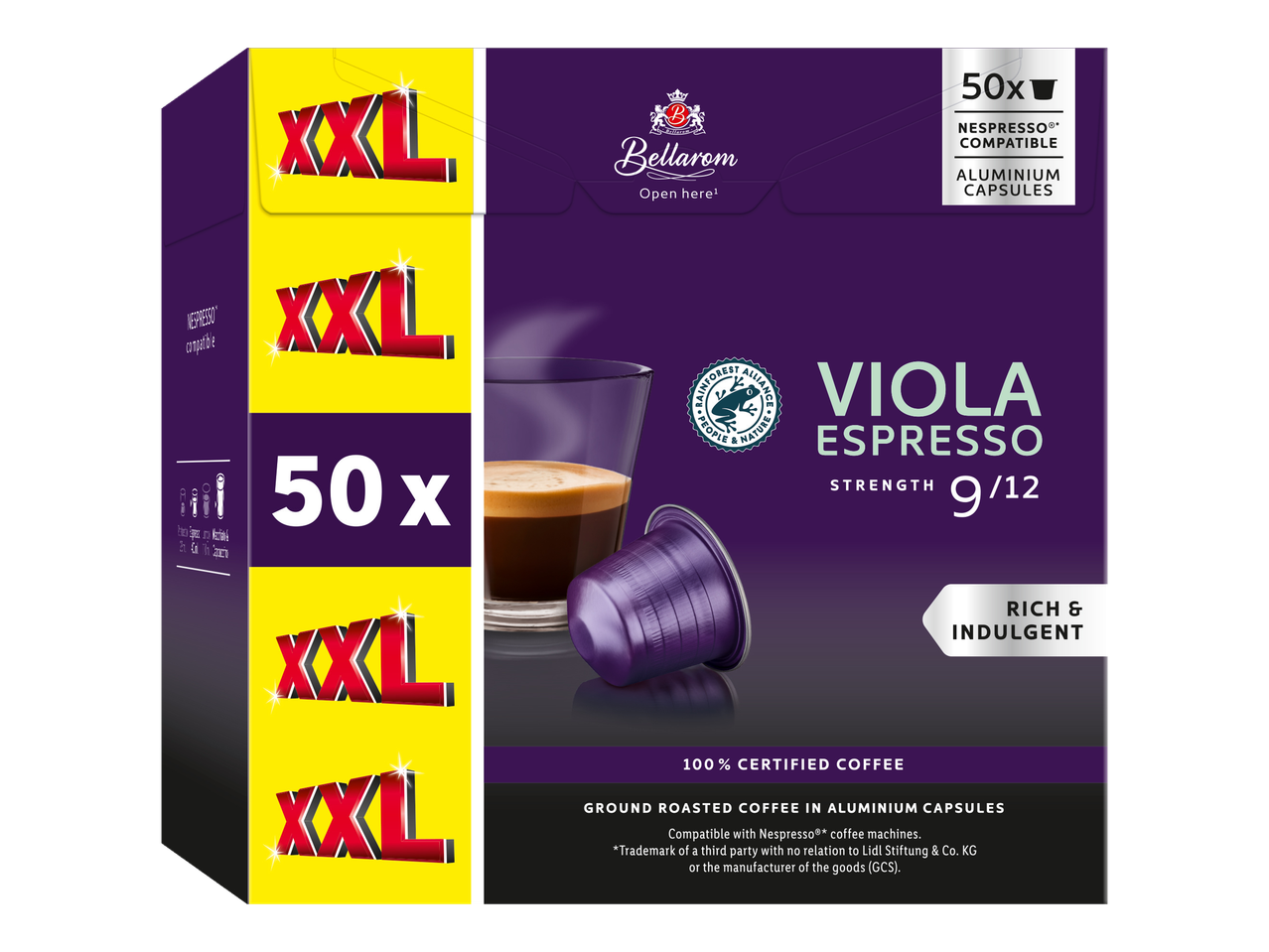 Capsule de cafea Bellarom Viola Espresso (50 bucăți), compatibile cu aparatele Nespresso.