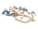 Wooden train set with world landmarks like Mount Fuji, Golden Gate Bridge, and pyramids.