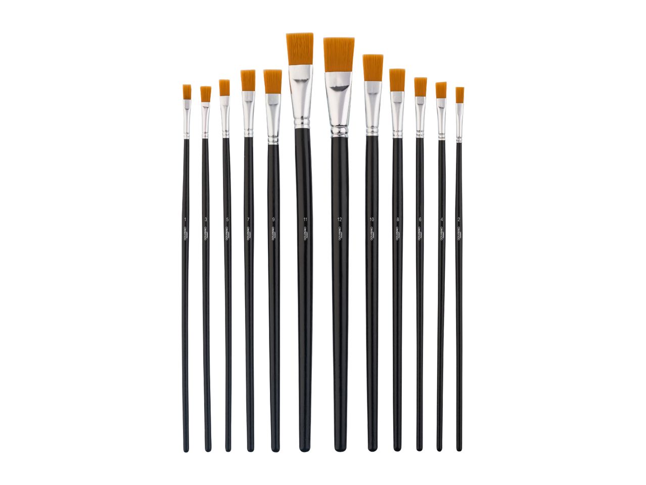 A set of 12 flat paintbrushes of various sizes, arranged in ascending order, with black handles.