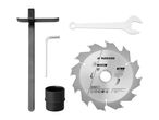 Circular saw blade for wood, with a wrench, hex key, and other accessories.