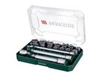 Socket wrench set with various sockets and extensions in a green and clear case.