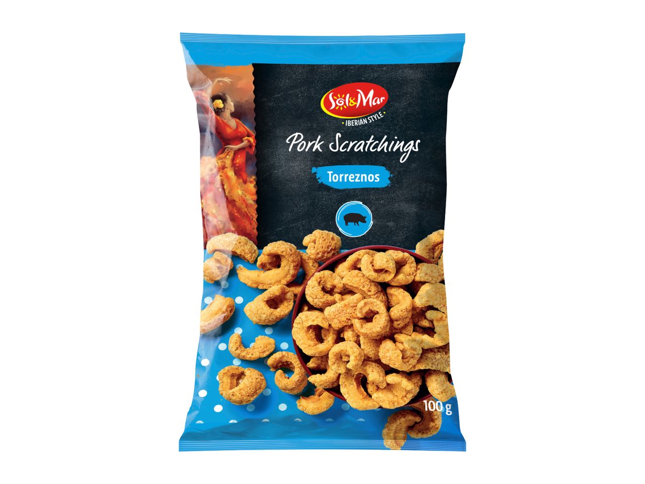 Pork scratchings (Torreznos) in a bag with a Spanish dancer and a pig icon, 100g.
