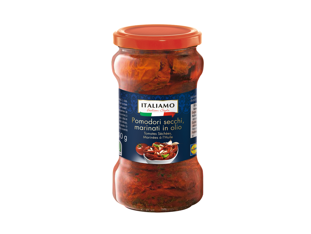 Un pot de tomates séchées marinées à l'huile, avec une étiquette bleue et un couvercle orange.