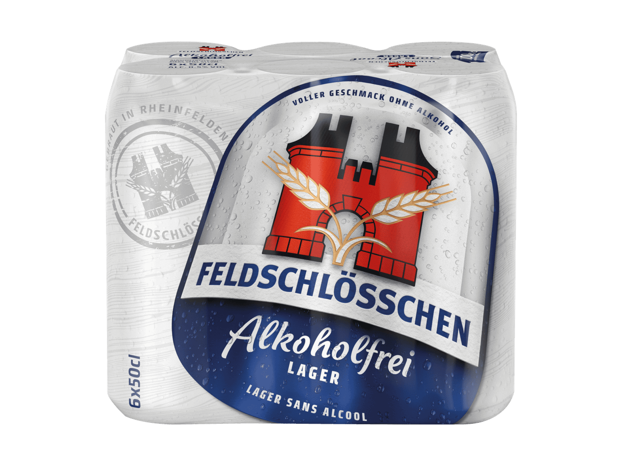 Sixpack alkoholfreies Lagerbier mit Burg- und Ährenlogo.
