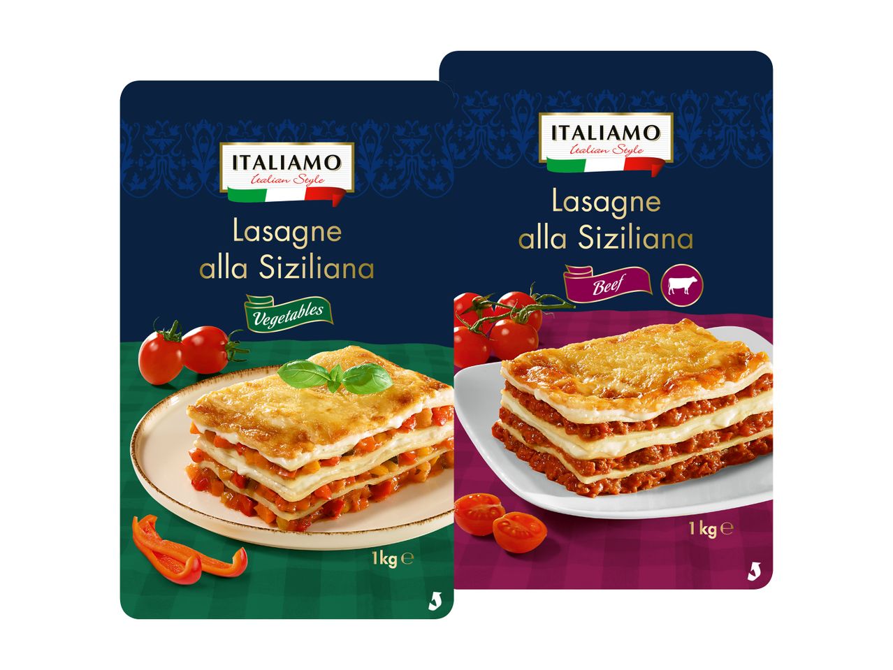 Dve škatli zamrznjene lazanje Barilla: klasična in zelenjavna.