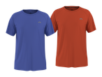 Dve športni majici s kratkimi rokavi, ena modra in ena oranžna, z logotipom na prsih.