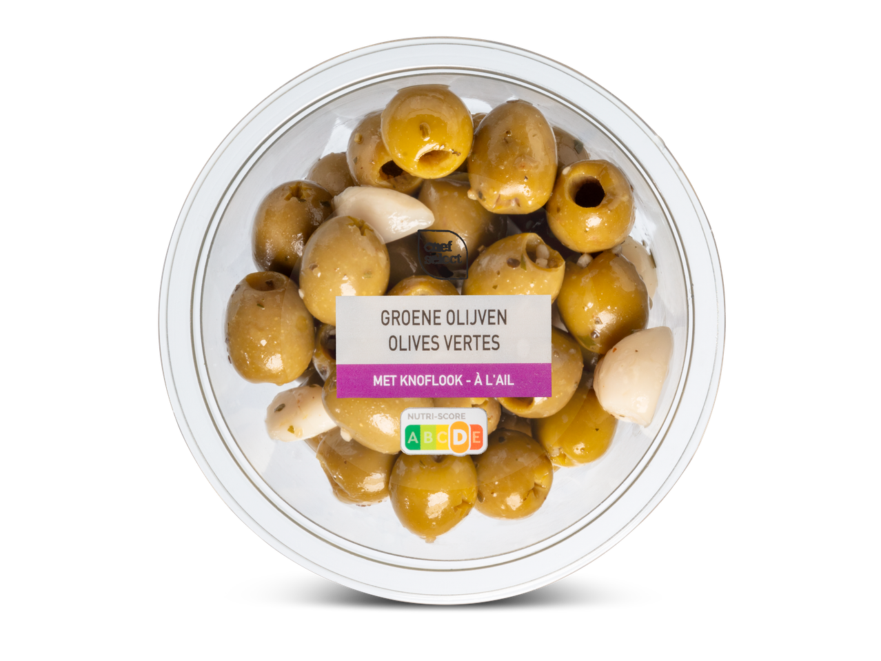 Chef Select groene olijven met knoflook in schaal.