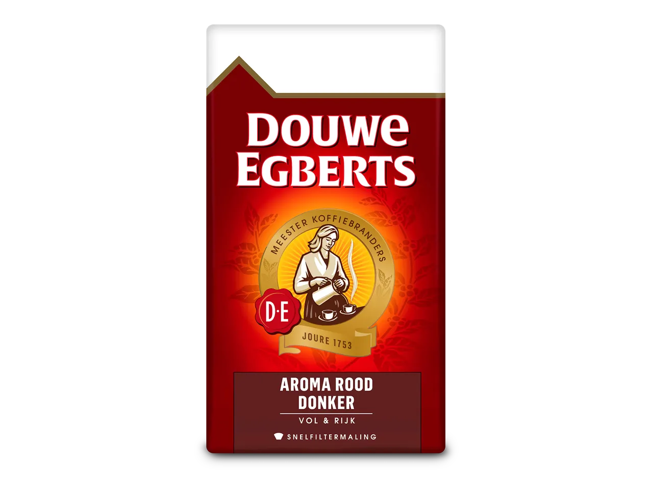 Verpakking voor donkere filterkoffie met een afbeelding van een vrouw die koffie schenkt.