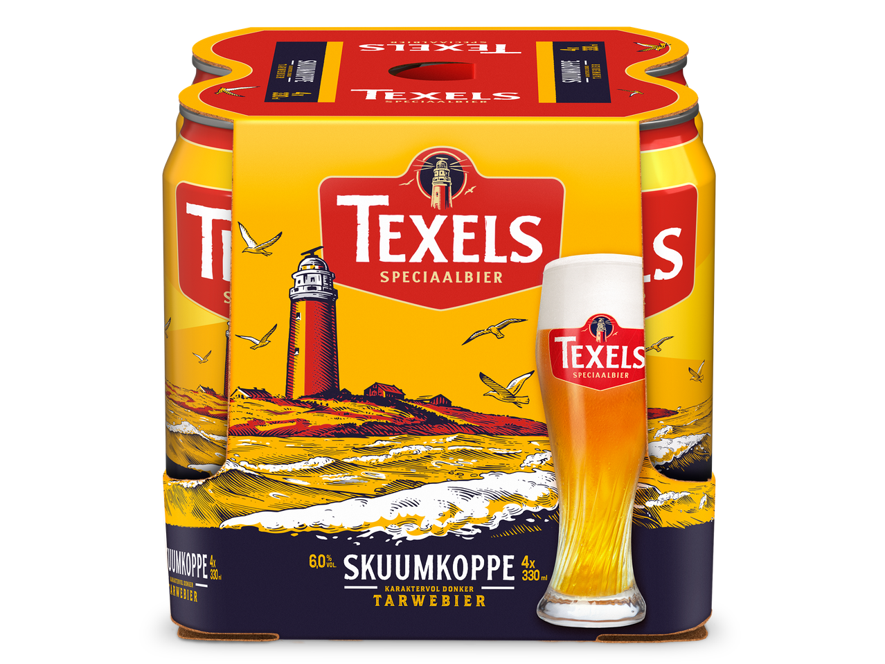 Een 4-pack blikjes speciaalbier met een vuurtoren en zeemeeuwen, en een glas bier.