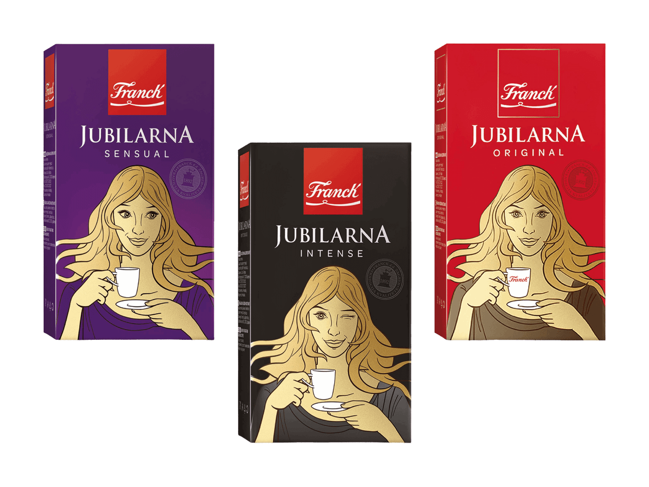 Tre confezioni di caffè macinato con illustrazioni di donne, etichettate come Sensual, Intense e Original.