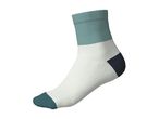 A single white sock with a teal cuff and toe, and a dark blue heel.