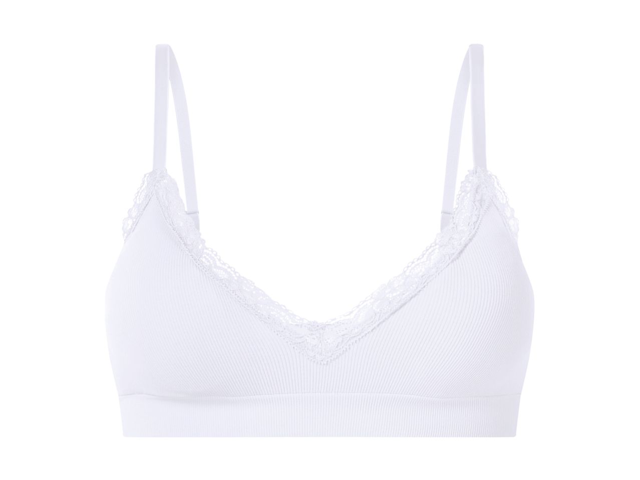 Hvid ribbet bralette med blondekant og tynde stropper.