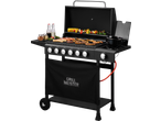 Grillmeister 6 Burner Gas Barbecue with food cooking on the grill and side burner.