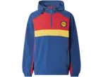 Lidl jas in blauw, rood en geel met capuchon.