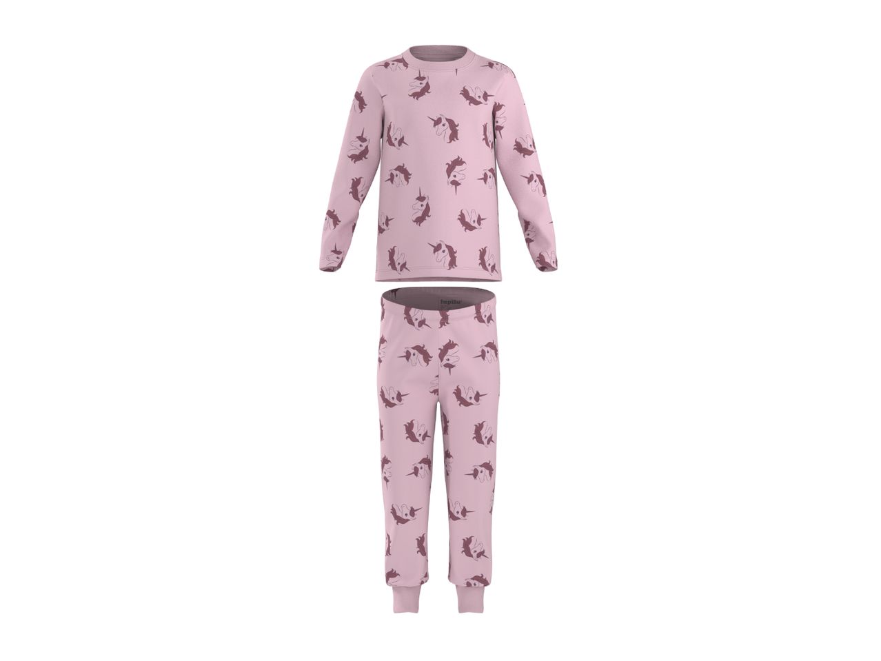 Pink children's pajamas with a unicorn pattern, including a long-sleeved top and pants.