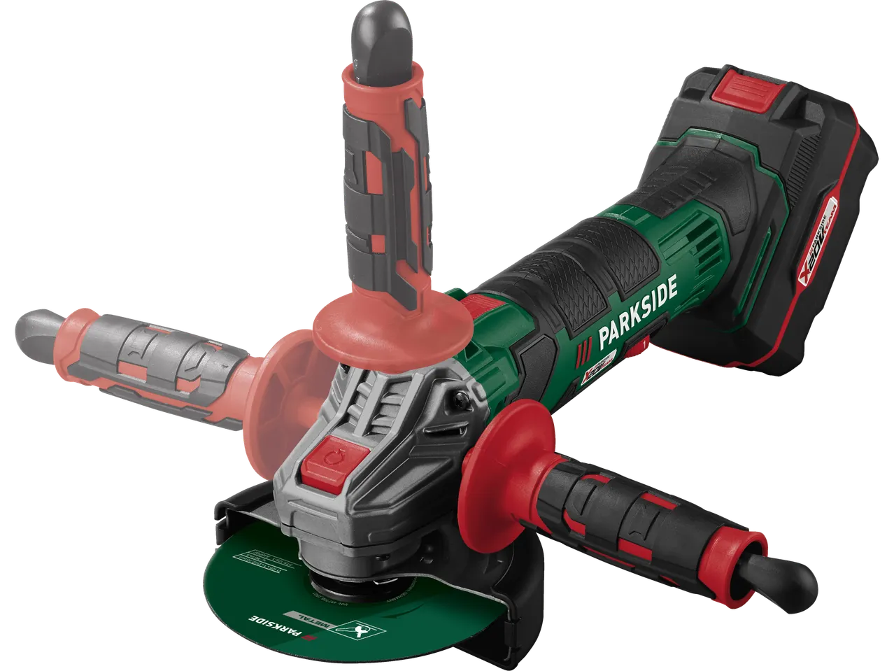 Rebarbadora sem fios Parkside® com três pegas e disco de corte de metal verde.