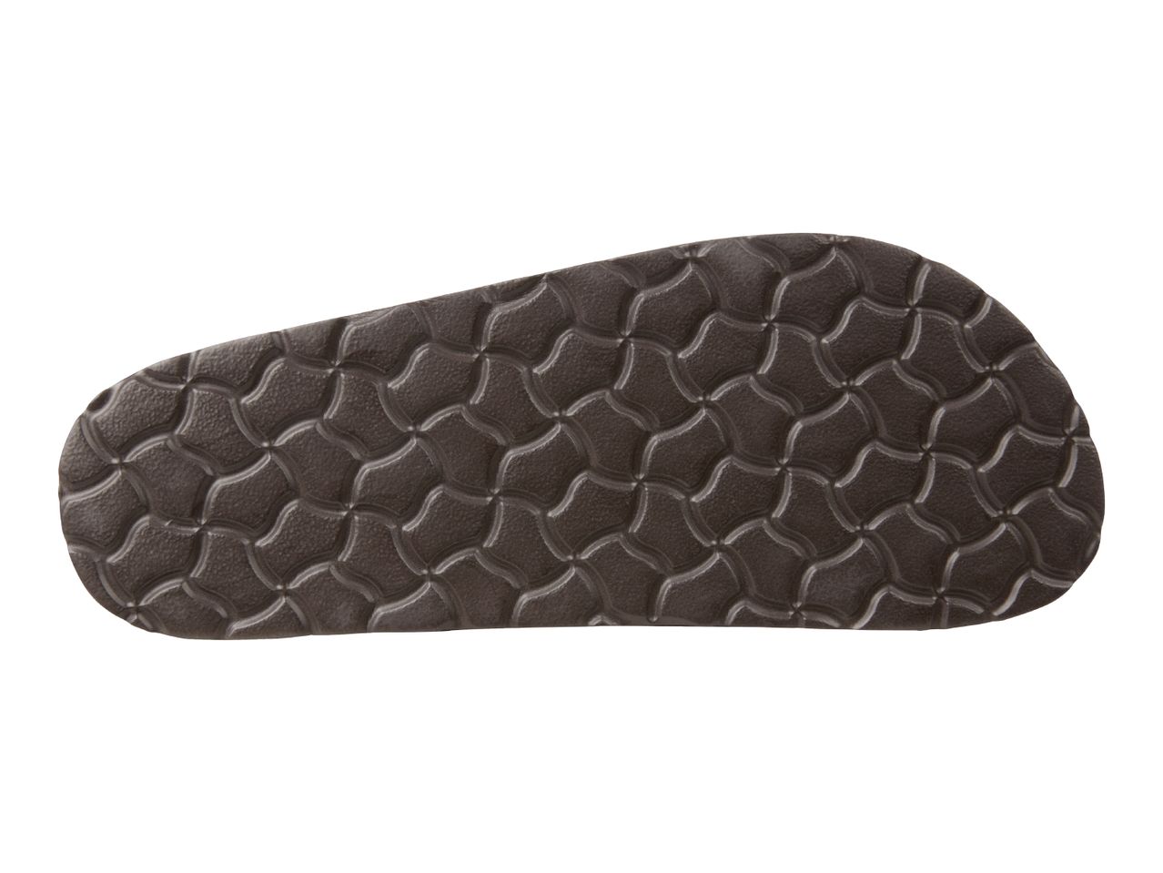 The bottom of a dark brown Birkenstock-style sandal sole with a textured pattern.