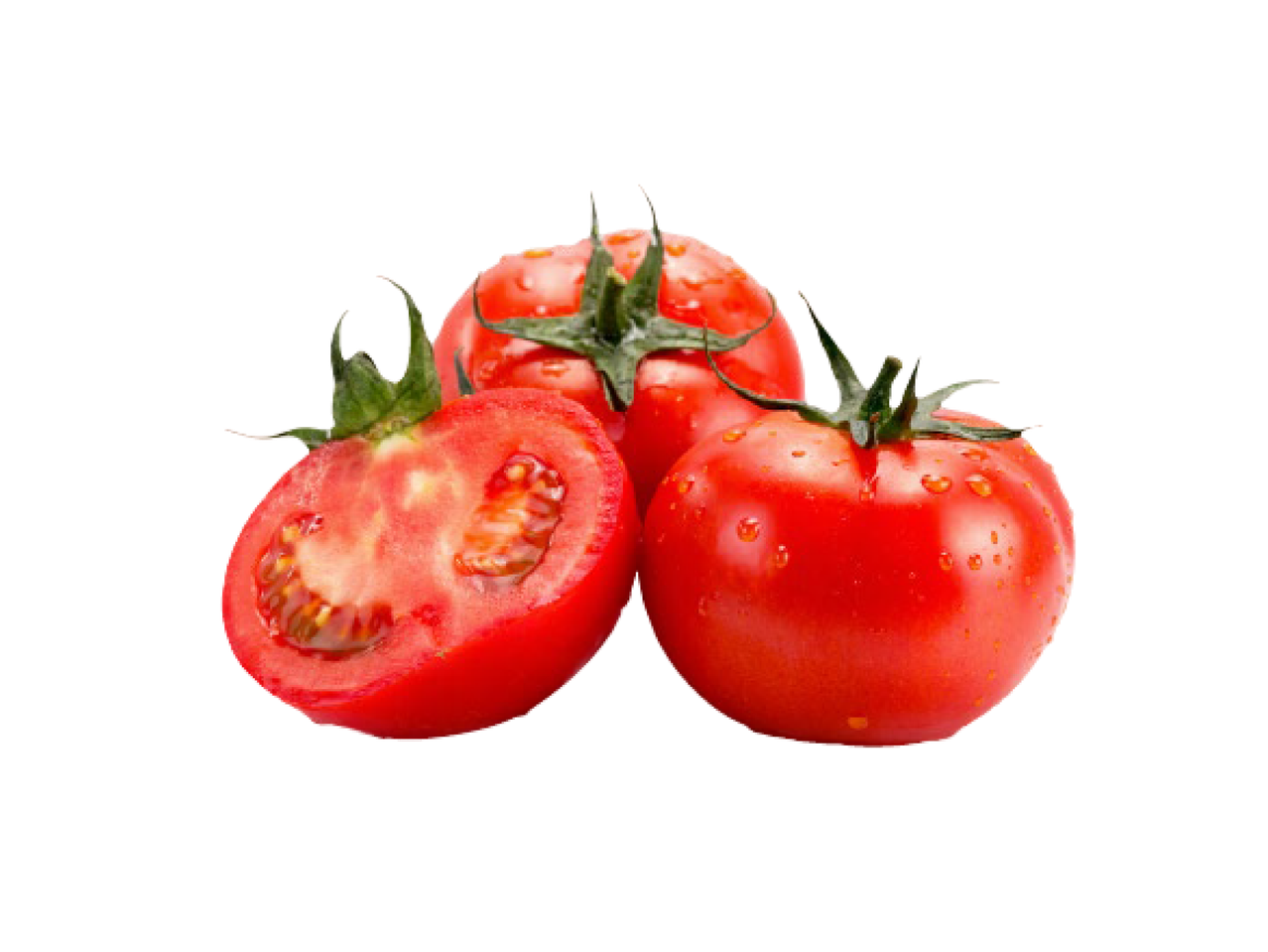 Três tomates vermelhos frescos, um cortado ao meio, com gotas de água.