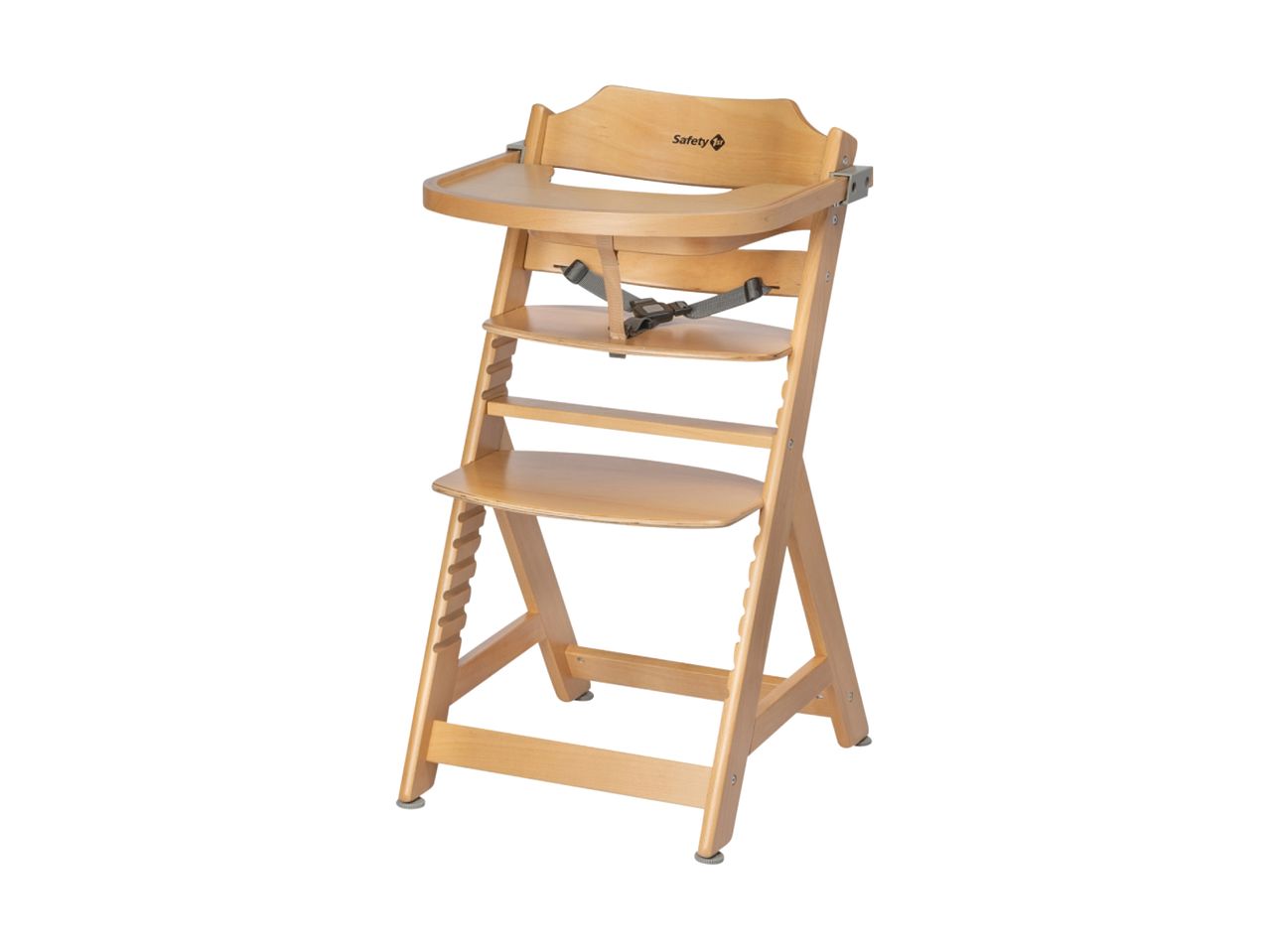 A wooden high chair with a tray and safety harness.