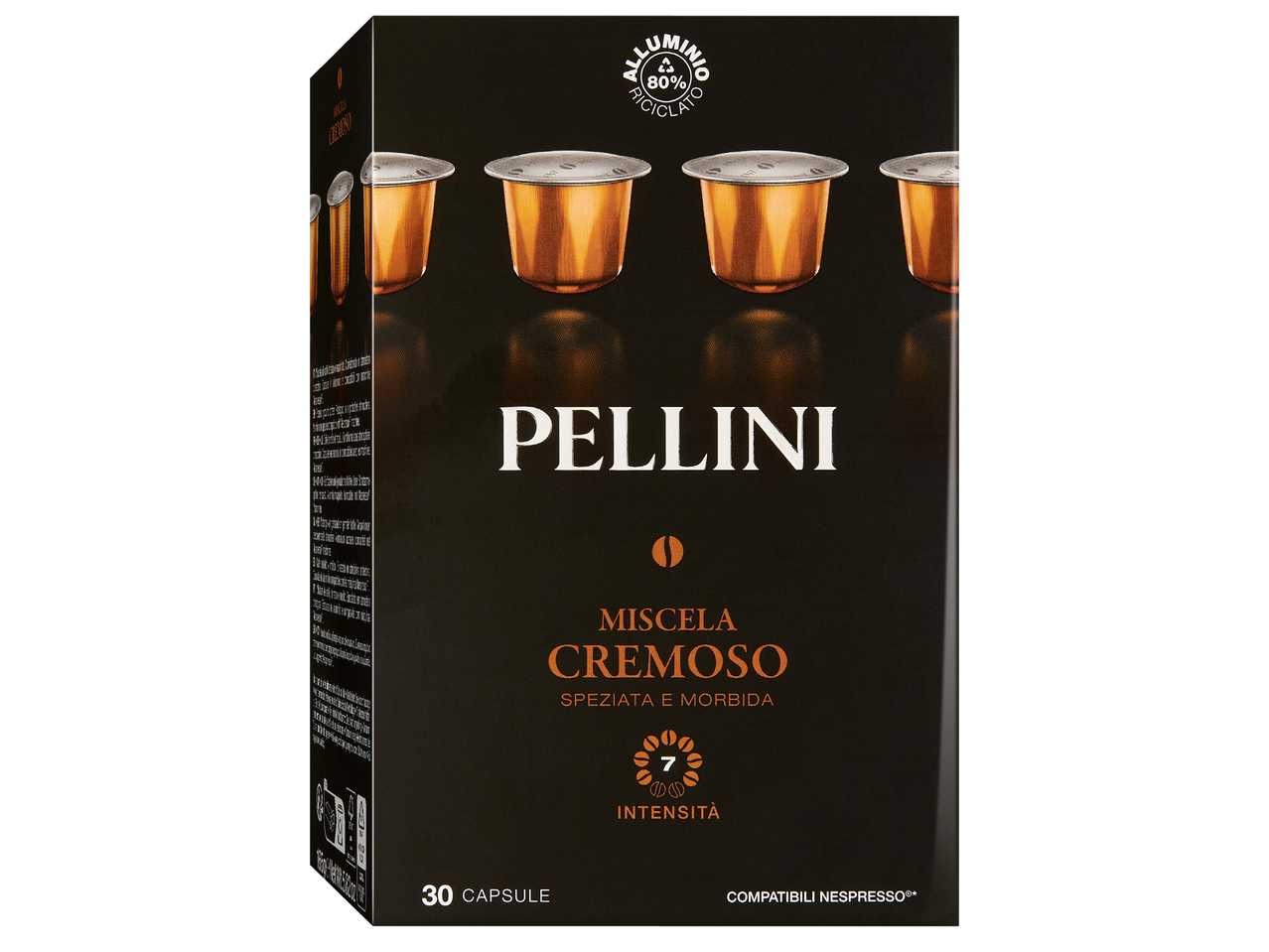 Кутия с 30 капсули кафе, съвместими с Nespresso, с надпис „Miscela Cremoso Speziata e Morbida“ и „Intensità 7“.