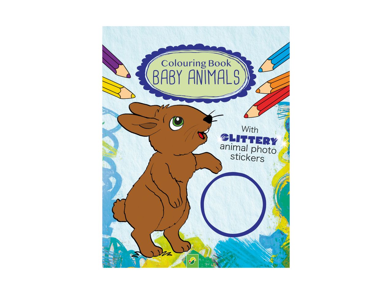 Colouring book for baby animals with glittery animal photo stickers, featuring a brown rabbit.